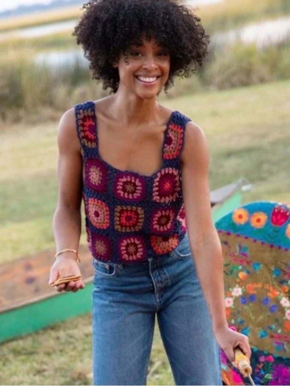 Natural Life Navy Granny Square Crochet Patchwork Cropped Tank L/XL Boho NEW